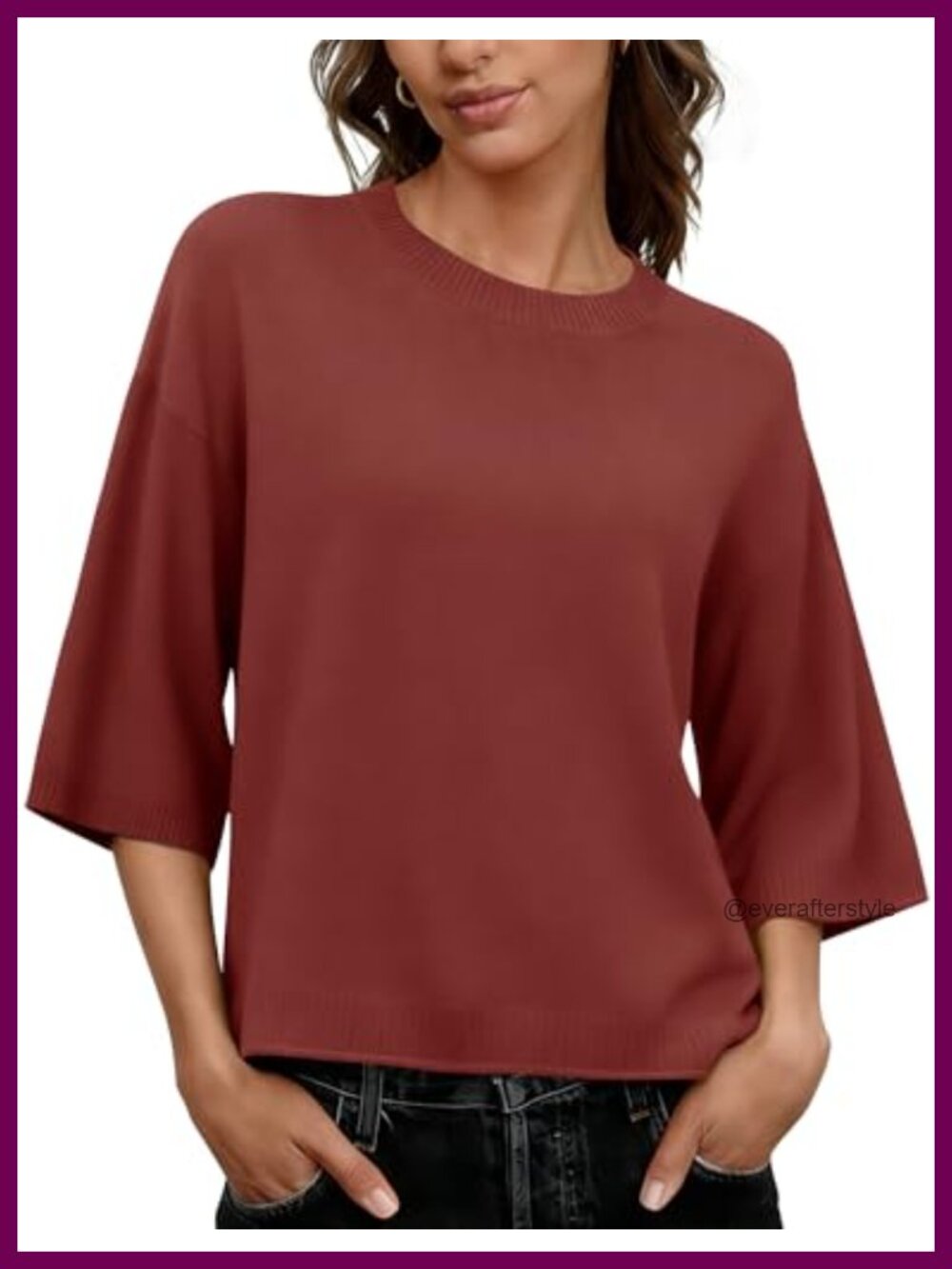 Women's Oversized 3/4 Sleeve Crew Neck Knit Sweater, Loose Fit Pullover,